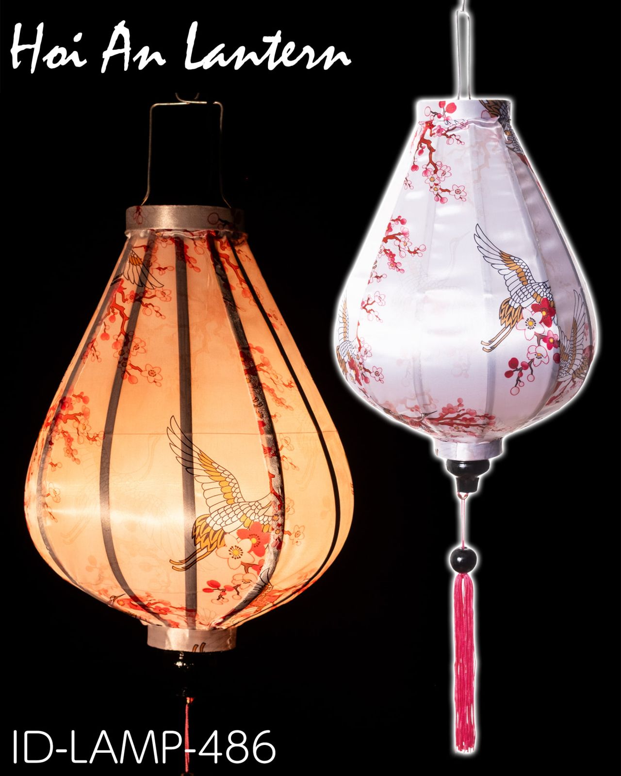 3個セット 華やかな柄入り ベトナム伝統のホイアン ランタン〔提灯〕 - ティアドロップ〔鶴と梅の花模様〕 | セット