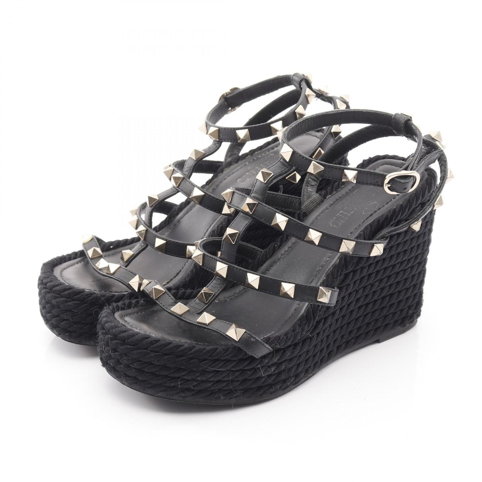 ヴァレンティノ ガラヴァーニ Valentino Garavani サンダル ロックスタッズ ブラック レザー ロックスタッズ ウェッジソール サンダル ブラック レディース Used C