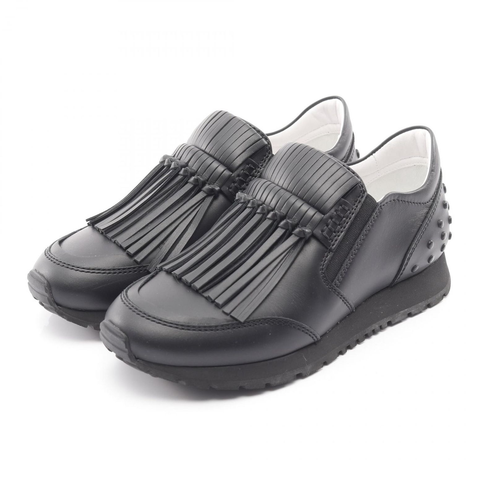 トッズ TOD S スリッポン XXW0YO0P250 ブラック レザー スニーカー ブラック フリンジ レディース Used A