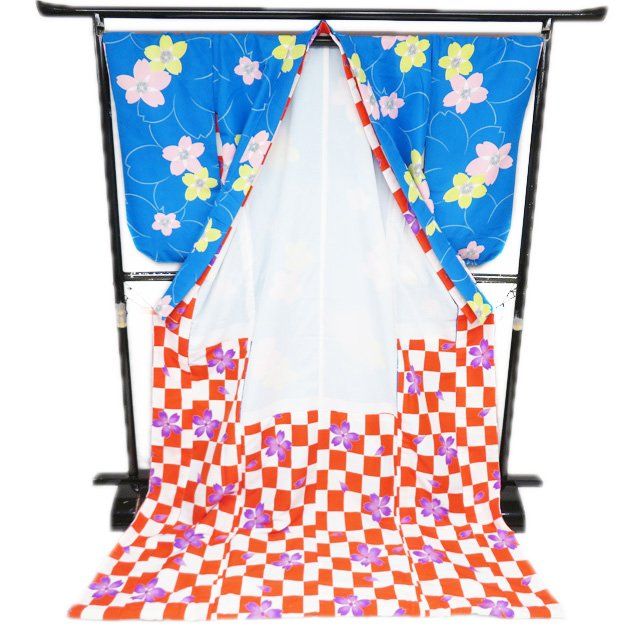 引き摺り 引摺り 引きずり 着物 ポリエステル 桜模様 青色 多色 身丈221cm 裄69cm きもの北條 A1293-3