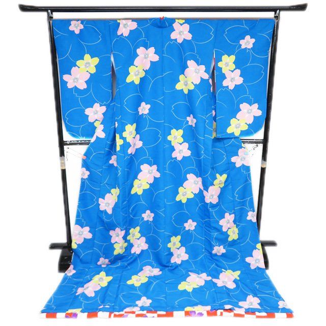 引き摺り 引摺り 引きずり 着物 ポリエステル 桜模様 青色 多色 身丈221 cm 裄69 きもの北條 A 1293-3