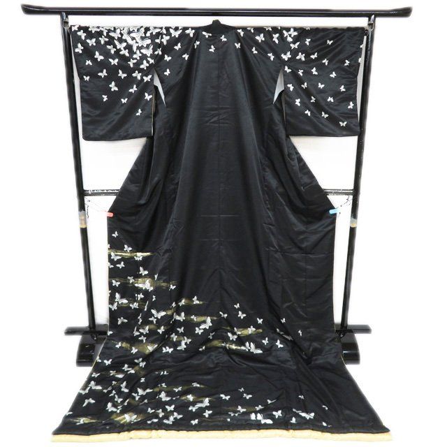 引き摺り 引摺り 引きずり 舞台衣装 着物 ポリエステル 蝶模様 黒色 金 身丈226cm 裄68cm きもの北條 A1293-6