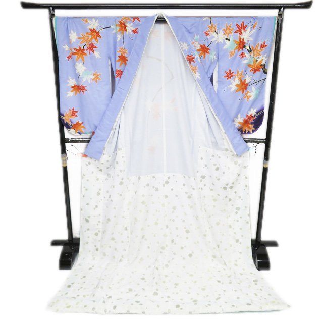 引き摺り 引摺り 引きずり 舞台衣装 着物 ポリエステル 紅葉模様 地模様 藤色 金 身丈218cm 裄71cm きもの北條 A1293-15