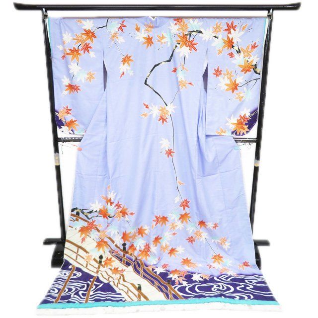 引き摺り 引摺り 引きずり 舞台衣装 着物 ポリエステル 紅葉模様 地模様 藤色 金 身丈218cm 裄71cm きもの北條 A1293-15