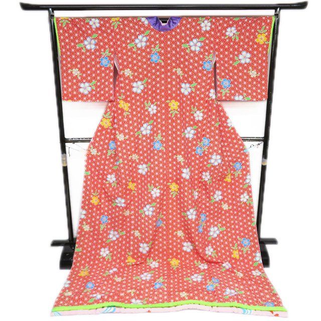 引き摺り 引摺り 引きずり 舞台衣装 着物 ポリエステル 麻の葉に桜模様 赤色 身丈220cm 裄68cm きもの北條 A1293-14