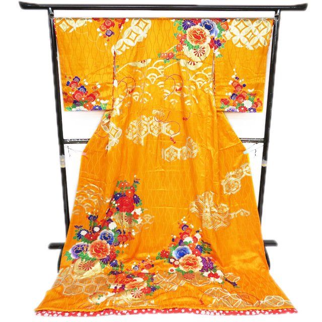 引き摺り 引摺り 引きずり 舞台衣装 着物 ポリエステル 金駒刺繍 花車 地模様 橙色 金 身丈213cm 裄68cm きもの北條 A1293-17