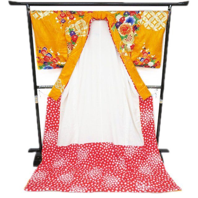 引き摺り 引摺り 引きずり 舞台衣装 着物 ポリエステル 金駒刺繍 花車 地模様 橙色 金 身丈213cm 裄68cm きもの北條 A1293-17