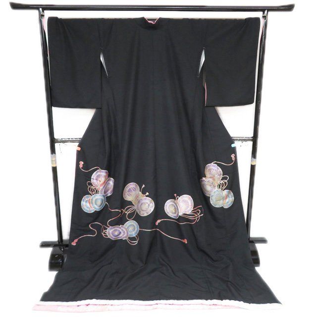 引き摺り 引摺り 引きずり 舞台衣装 着物 ポリエステル 鼓模様 黒色 身丈217cm 裄72.5cm きもの北條 A1293-16