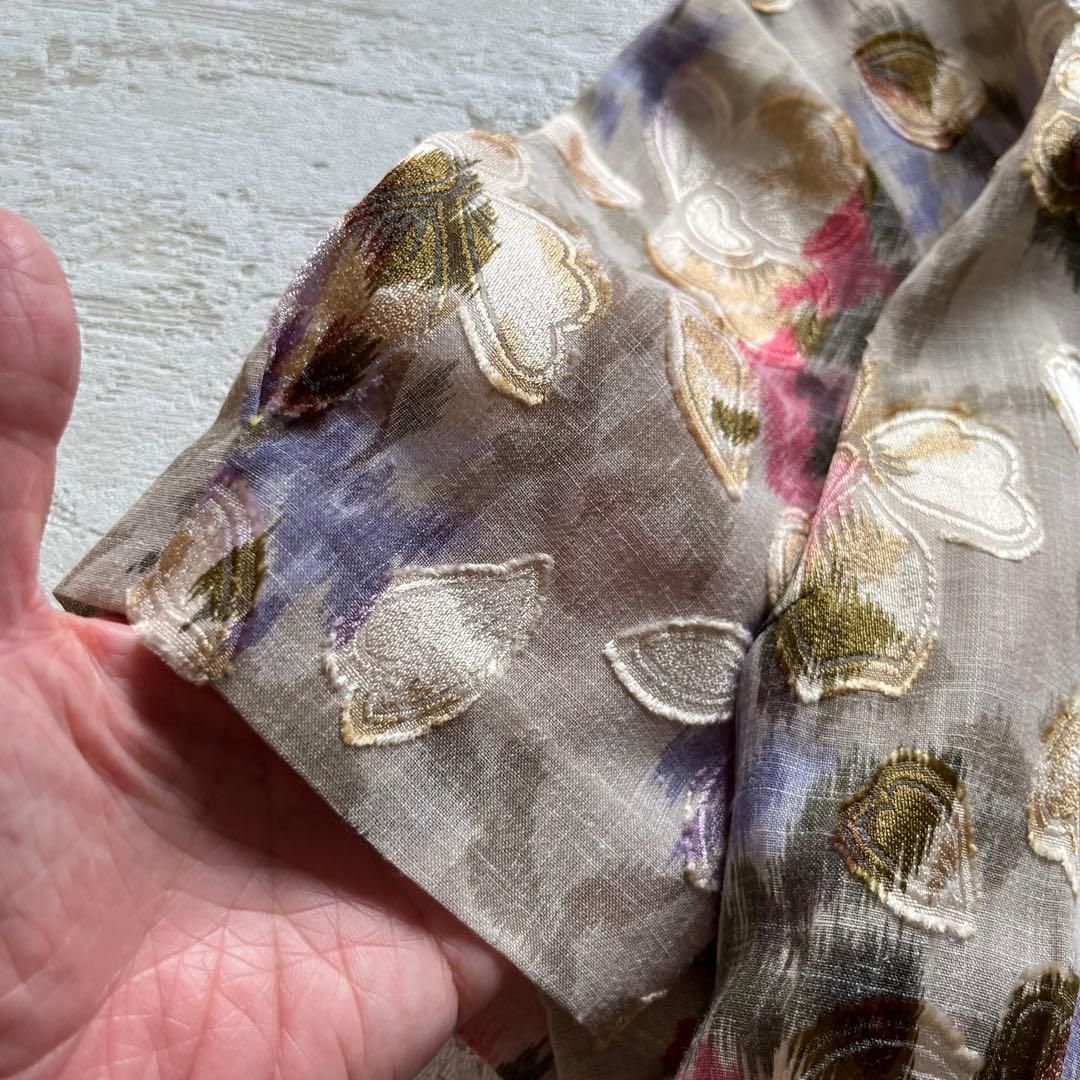 昭和レトロ花柄刺繍入り半袖ロングワンピーススクエアネックフリーサイズベージュP