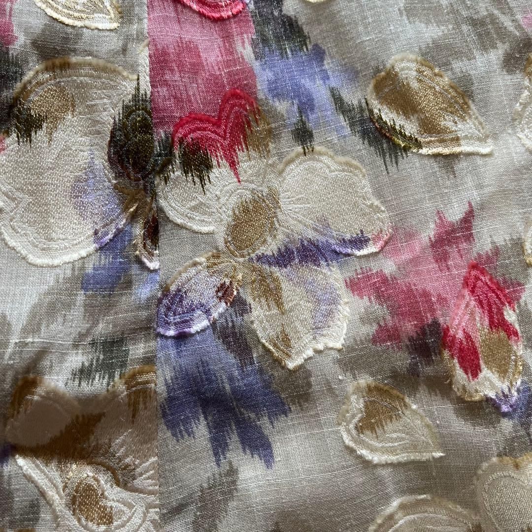 昭和レトロ花柄刺繍入り半袖ロングワンピーススクエアネックフリーサイズベージュP 1