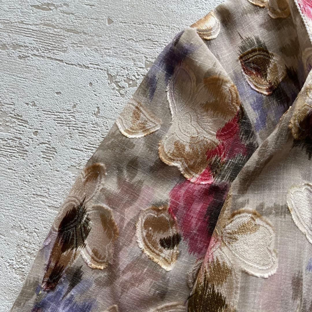 昭和レトロ花柄刺繍入り半袖ロングワンピーススクエアネックフリーサイズベージュP