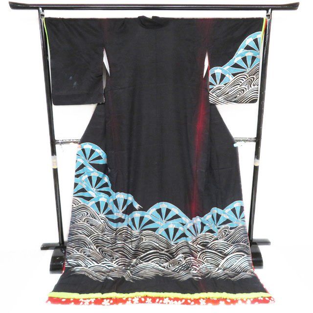 引き摺り 引摺り 引きずり 舞台衣装 着物 ポリエステル 波に片輪車 黒色 銀 身丈206cm 裄68cm きもの北條 A1293-8