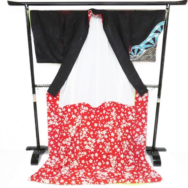 引き摺り 引摺り 引きずり 舞台衣装 着物 ポリエステル 波に片輪車 黒色 銀 身丈206cm 裄68cm きもの北條 A1293-8