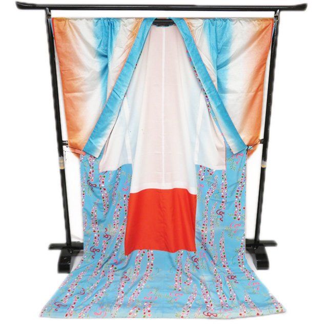 引き摺り 引摺り 引きずり 着物 ポリエステル 箔糸 黄丹色 空色 銀 身丈218cm 裄68cm きもの北條 A1293-1