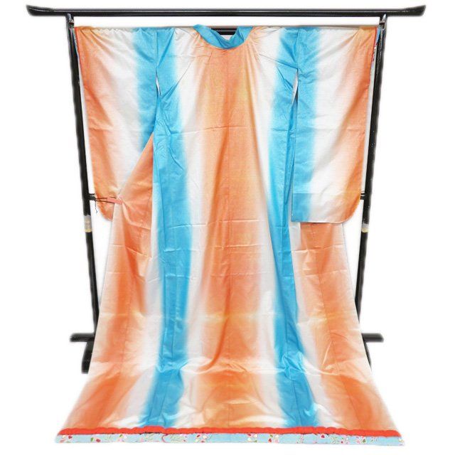 引き摺り 引摺り 引きずり 着物 ポリエステル 箔糸 黄丹色 空色 銀 身丈218cm 裄68cm きもの北條 A1293-1