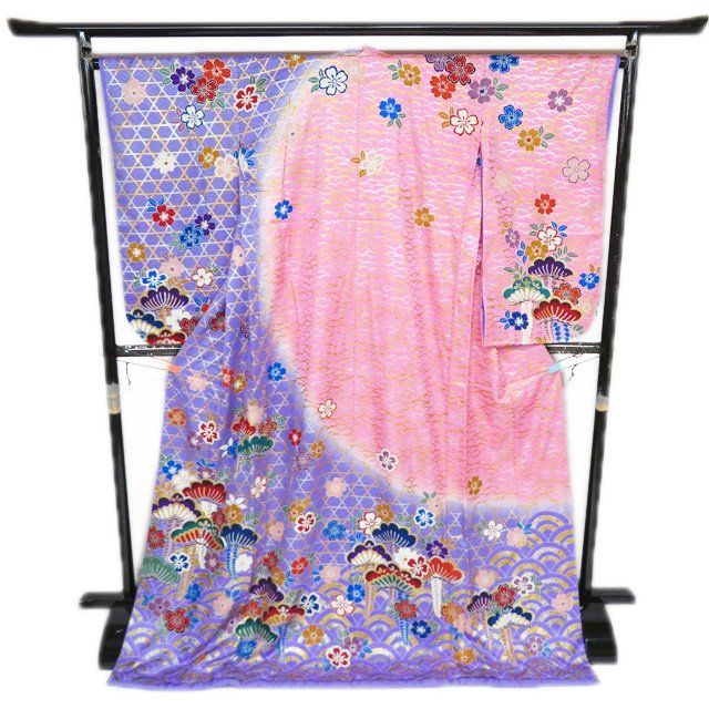 引き摺り 引摺り 引きずり 着物 ポリエステル 桜模様 芝草 籠目 藤紫色 ピンク色 金銀 身丈182cm 裄66cm きもの北條 A1293-2