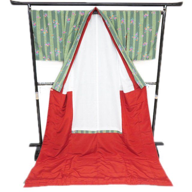 引き摺り 引摺り 引きずり 舞台衣装 着物 ポリエステル 菊模様 松葉色 若菜色 身丈219cm 裄69.5cm きもの北條 A1293-13