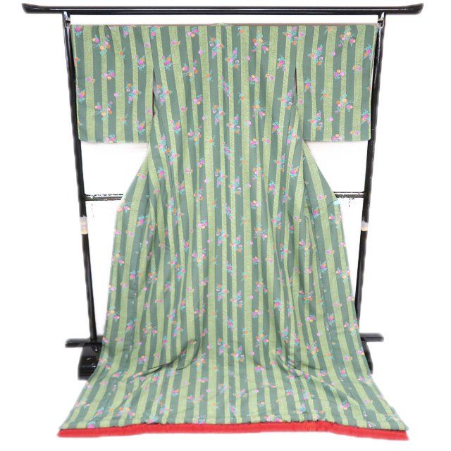 引き摺り 引摺り 引きずり 舞台衣装 着物 ポリエステル 菊模様 松葉色 若菜色 身丈219cm 裄69.5cm きもの北條 A1293-13