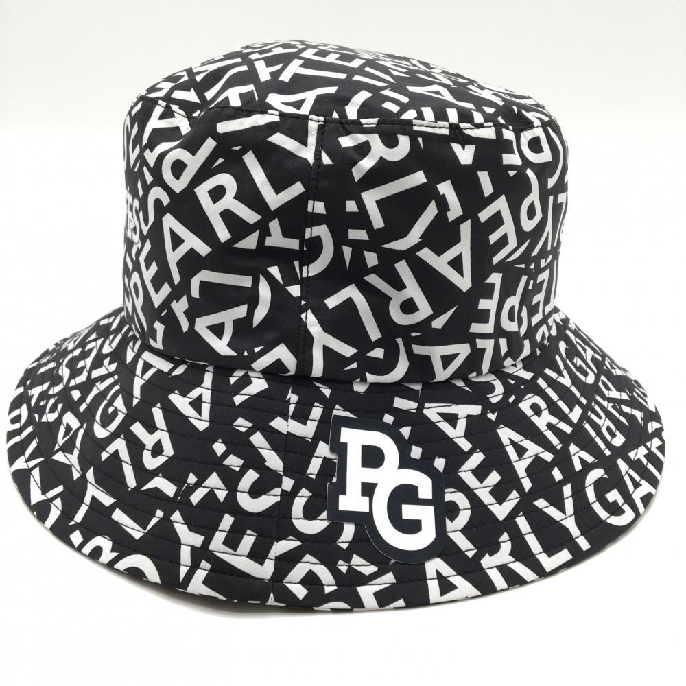 パーリーゲイツ レインハット 黒×白 ロゴ総柄 収納袋付 FR ゴルフウェア モデル PEARLY GATES