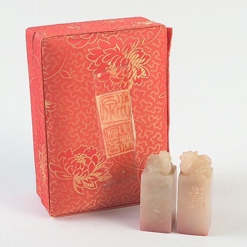 中国 篆刻 玉石寿山石 神獣彫 印材 一對 箱付 N 4465