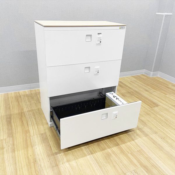 ラテラルキャビネット 3段書庫 レクトライン 鍵付き プッシュ錠 天板付 W900 オカムラ ネオホワイト