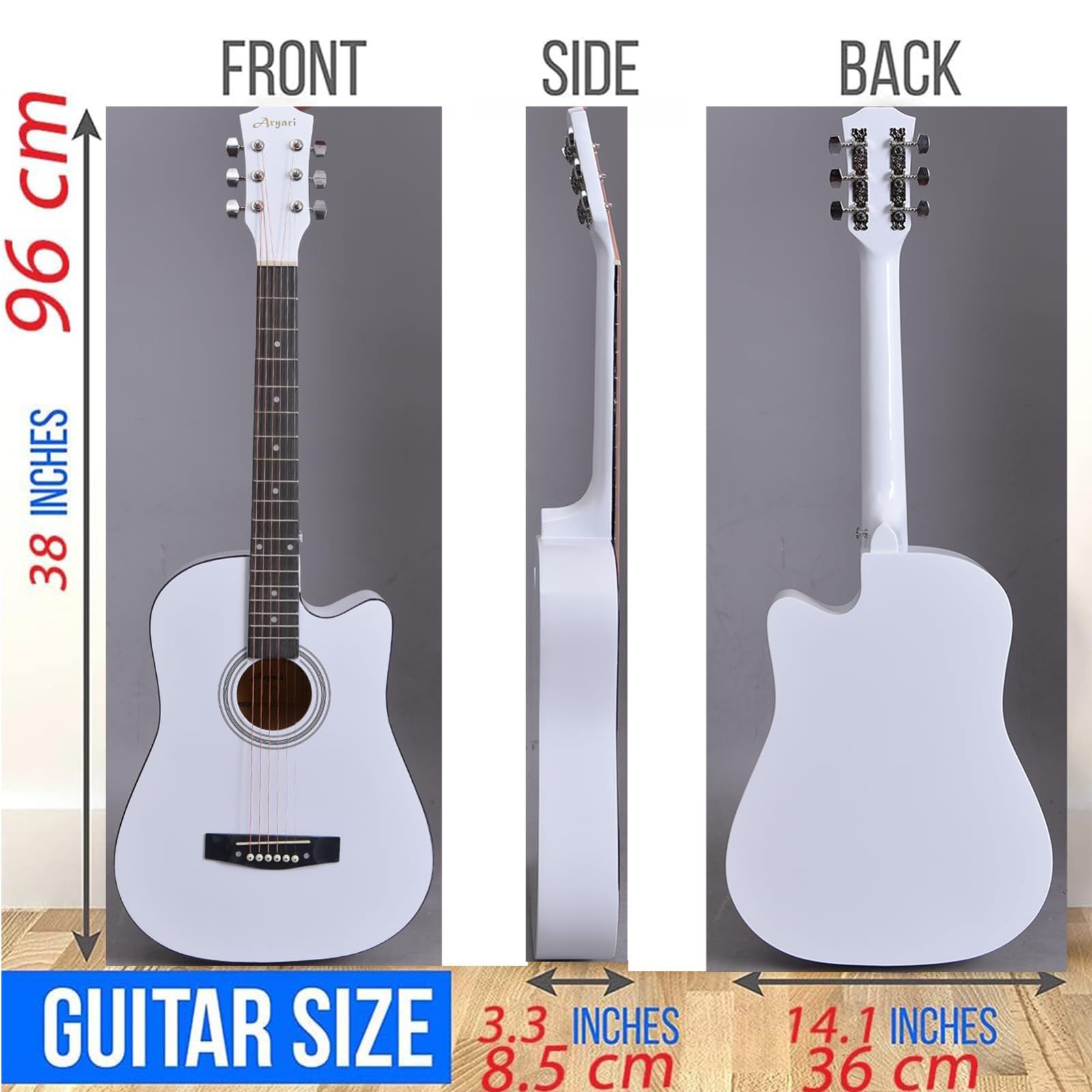 在庫処分 Aryari アコースティック セット 38インチ ギター アコギ 学生 子供 大人 初級 初心者 入門 練習 チューナー ソフトケース カポ ピック等付属 白