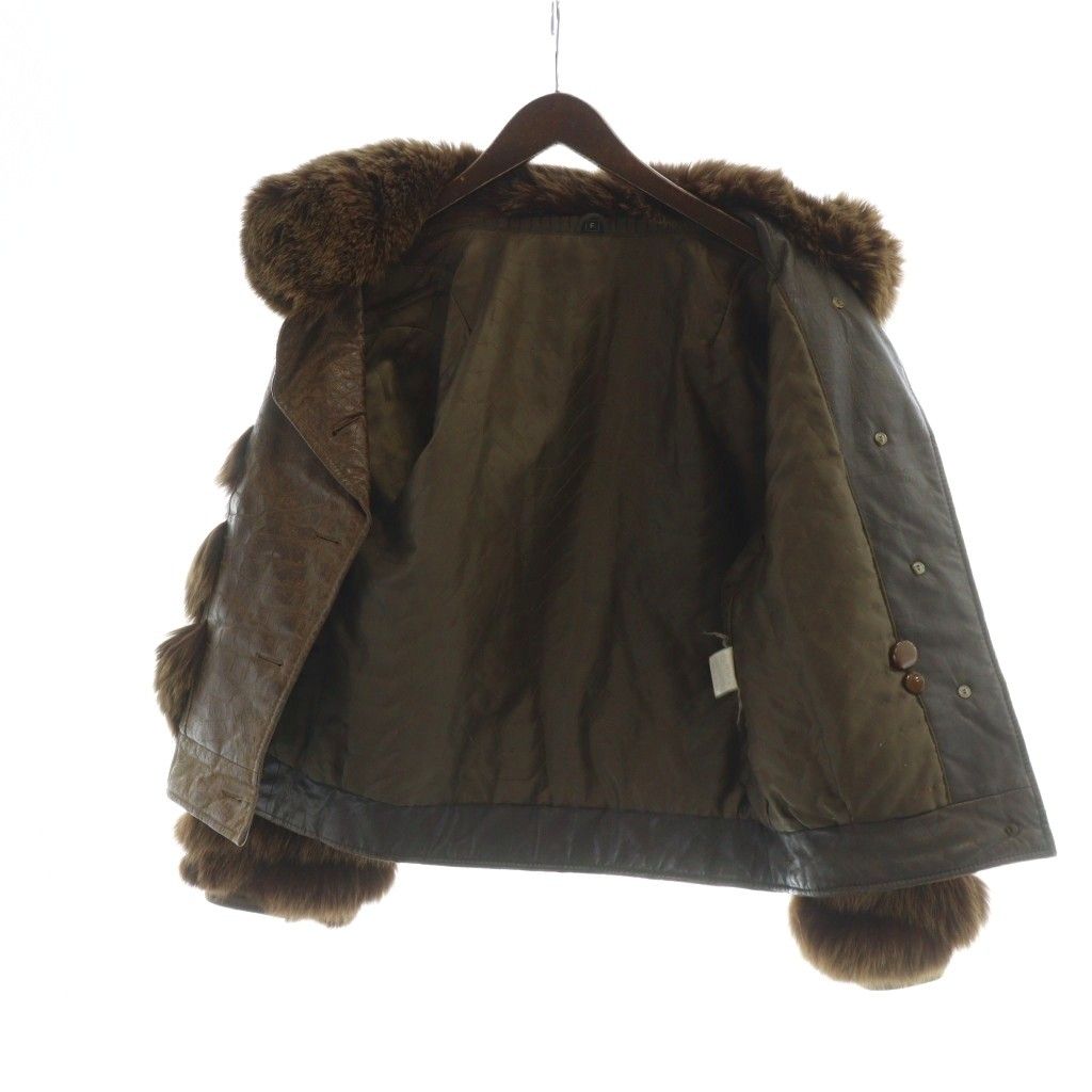 ノーブランド品 毛皮ジャケット フォックスファー レザー 革 切替 長袖 茶 ブラウン GY13 |MQ GULLKHAN_COM