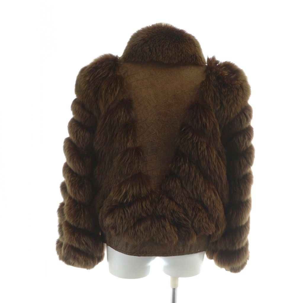ノーブランド品 毛皮ジャケット フォックスファー レザー 革 切替 長袖 茶 ブラウン GY13 |MQ
