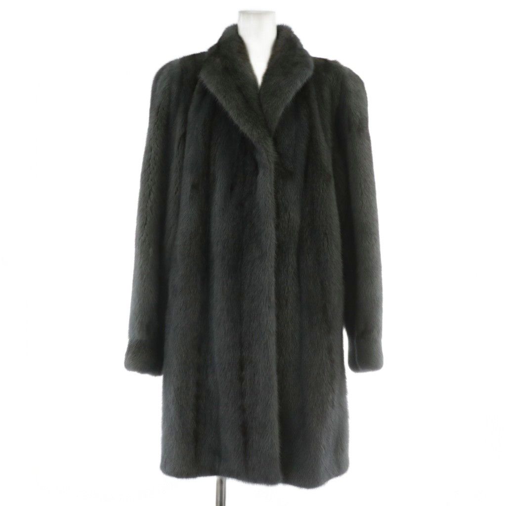 ノーブランド ミンクファー コート アウター 毛皮 染め 染毛 ミドル 肩パッド F グレー 茶色 ブラウン XZ GY18