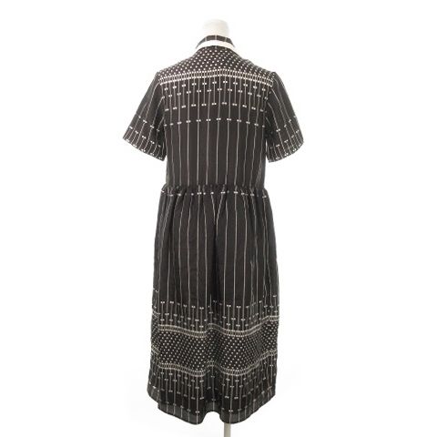 カルヴェン CARVEN シルクワンピース ロング オープン 半袖 絹 ドット ストライプ 総柄 34 S～M 黒 ブラック AH14 GY99