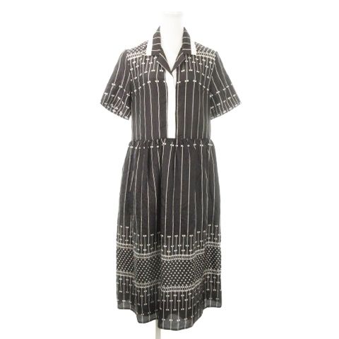 カルヴェン CARVEN シルクワンピース ロング オープン 半袖 絹 ドット ストライプ 総柄 34 S~M 黒 ブラック AH14 GY99