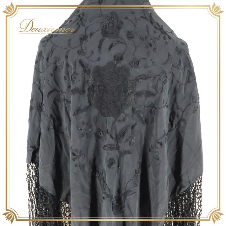 フラメンコ 衣装 マントン シージョ 小物 ブラック系 黒 花柄 刺繍 フレコ フリンジ 四角形 ダンス 舞台 練習 レッスン 発表会 イベント 花柄刺繍 デザイン フェスティバル 小物 オシャレ