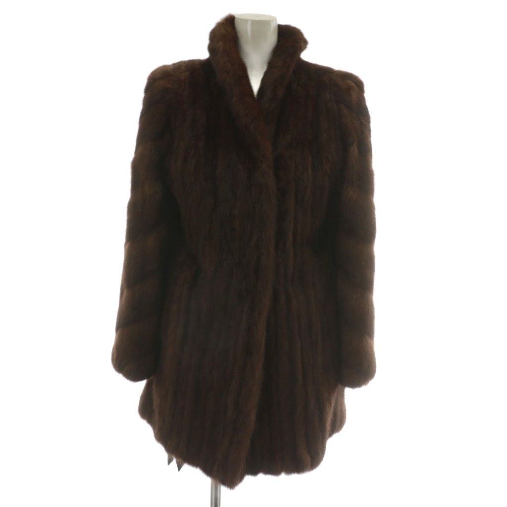 ノーブランド ファーコート アウター 毛皮 ミンク ミドル 裏地総柄 肩パッド 茶色 ブラウン XZ GY18