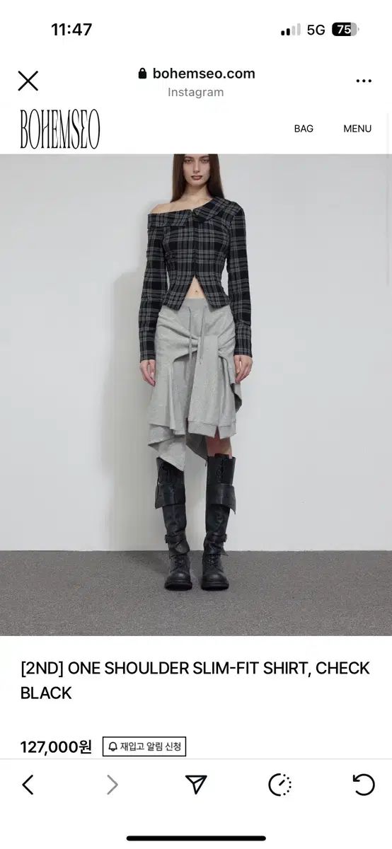 ボヘミアンソウル ONE OFF SHOULDER SHIRT CHECK BLACK