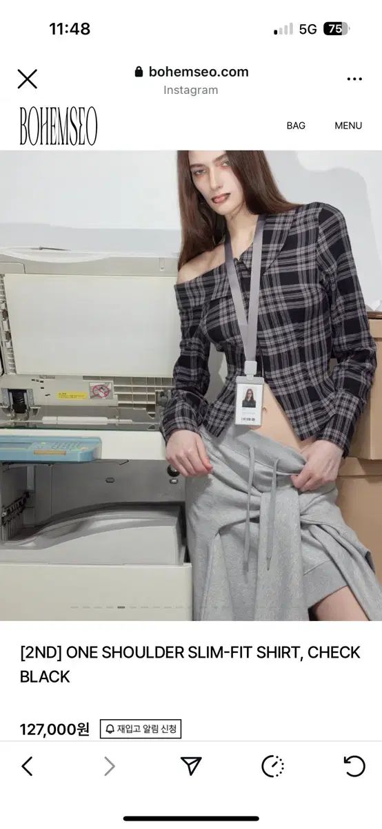 ボヘミアンソウル ONE OFF SHOULDER SHIRT CHECK BLACK