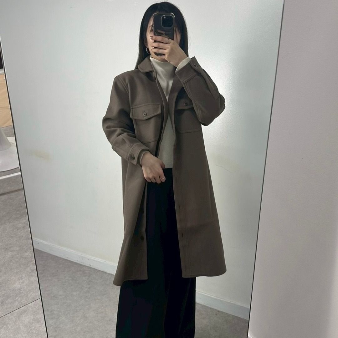 新品 Crocodile ロングコート Mサイズ ブラウン 茶 上品シルエット ウール混 シャツ風 デザイン 通勤 カジュアル 大人可愛い レディース アウター 秋冬服 クロコダイル ジャンバー プレゼント 贈り物 買い物 アウトドア 通勤 通学 レディース