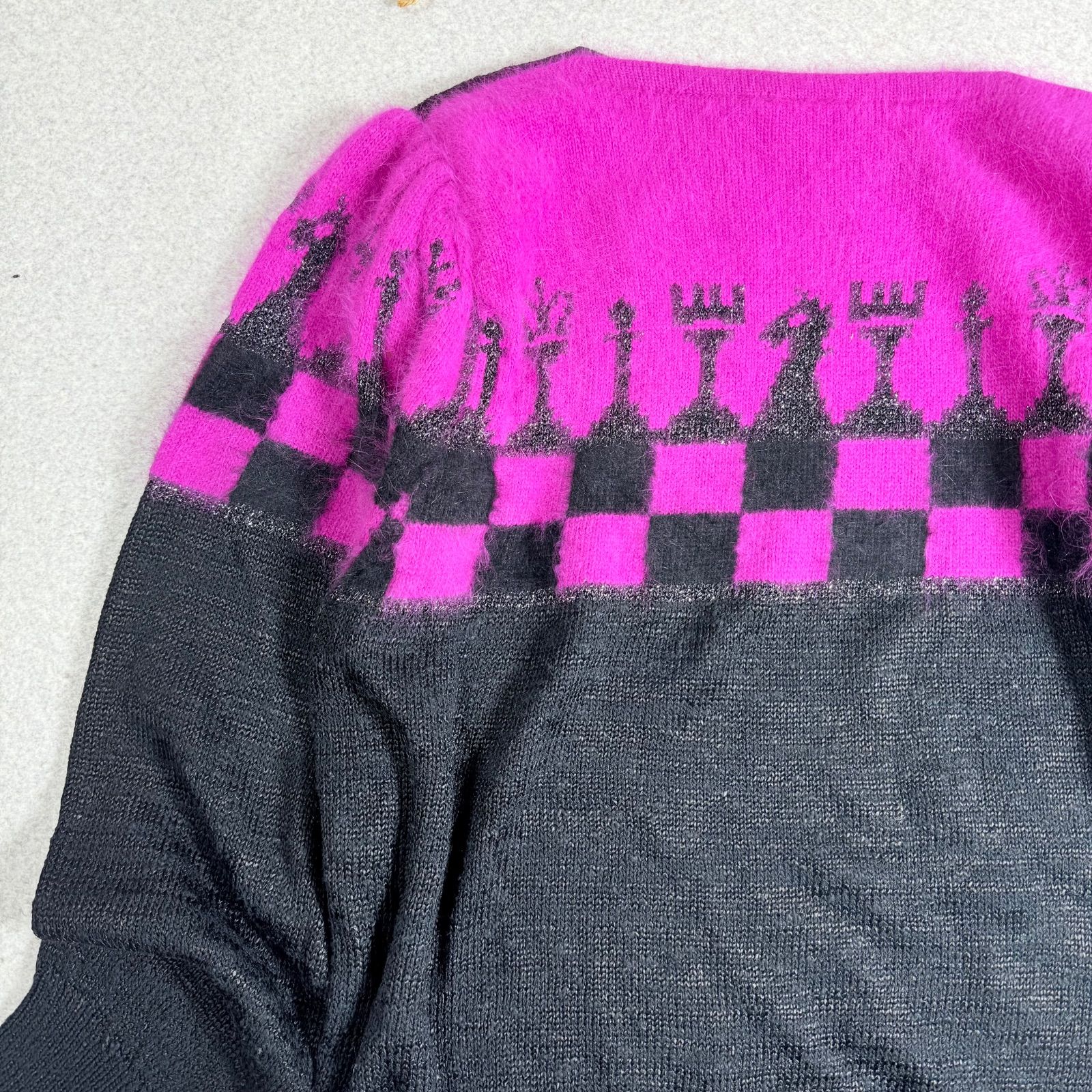 ヨーロッパ古着 80s ヴィンテージ アンゴラ ウール ビスコース チェス柄 ニット セーター ゆったり Lサイズ ユニセックス C014