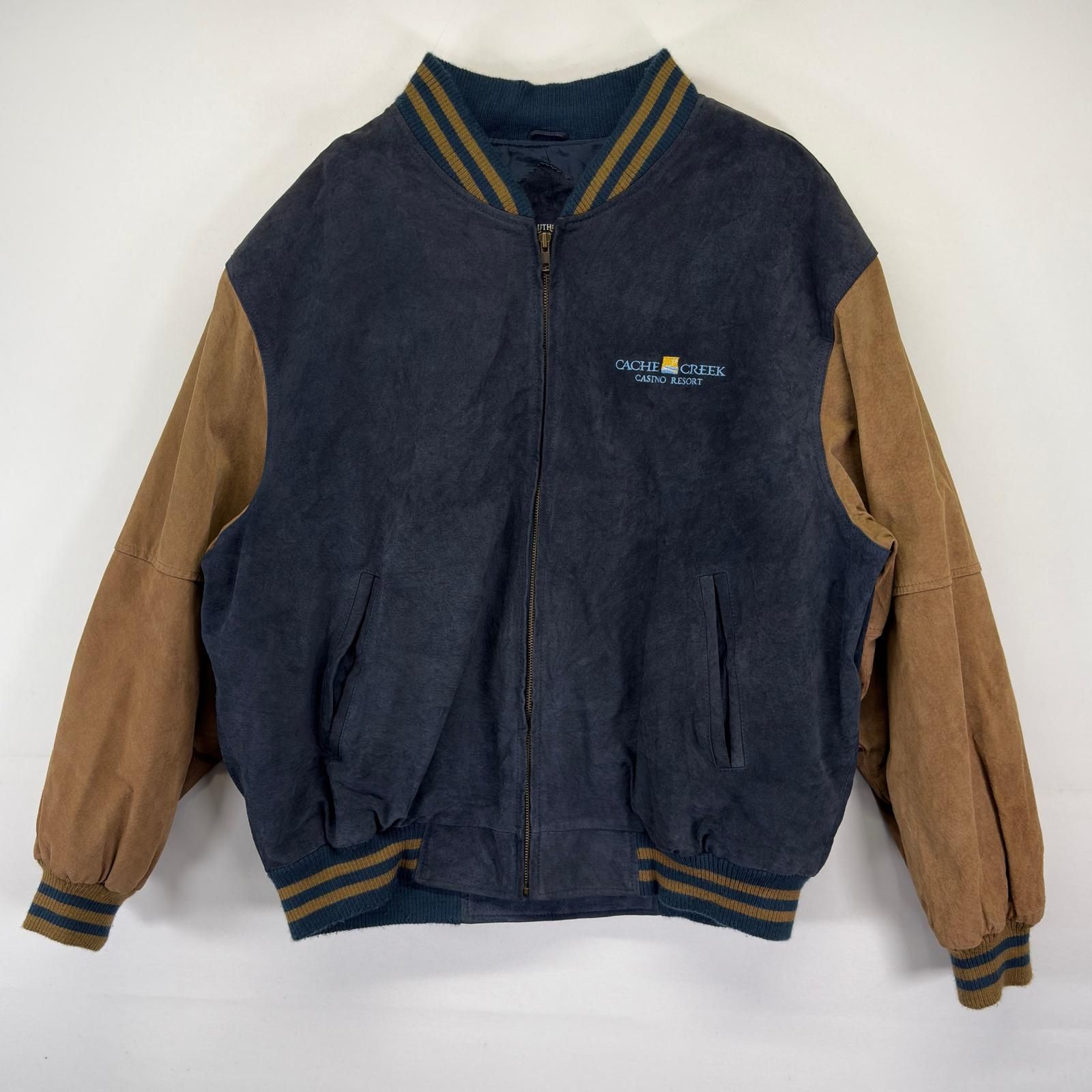 古着 PORT AUTHORITY スタジャン レザージャケット スウェード CACHE CREEK 大きいサイズ XXL ブラウン メンズ