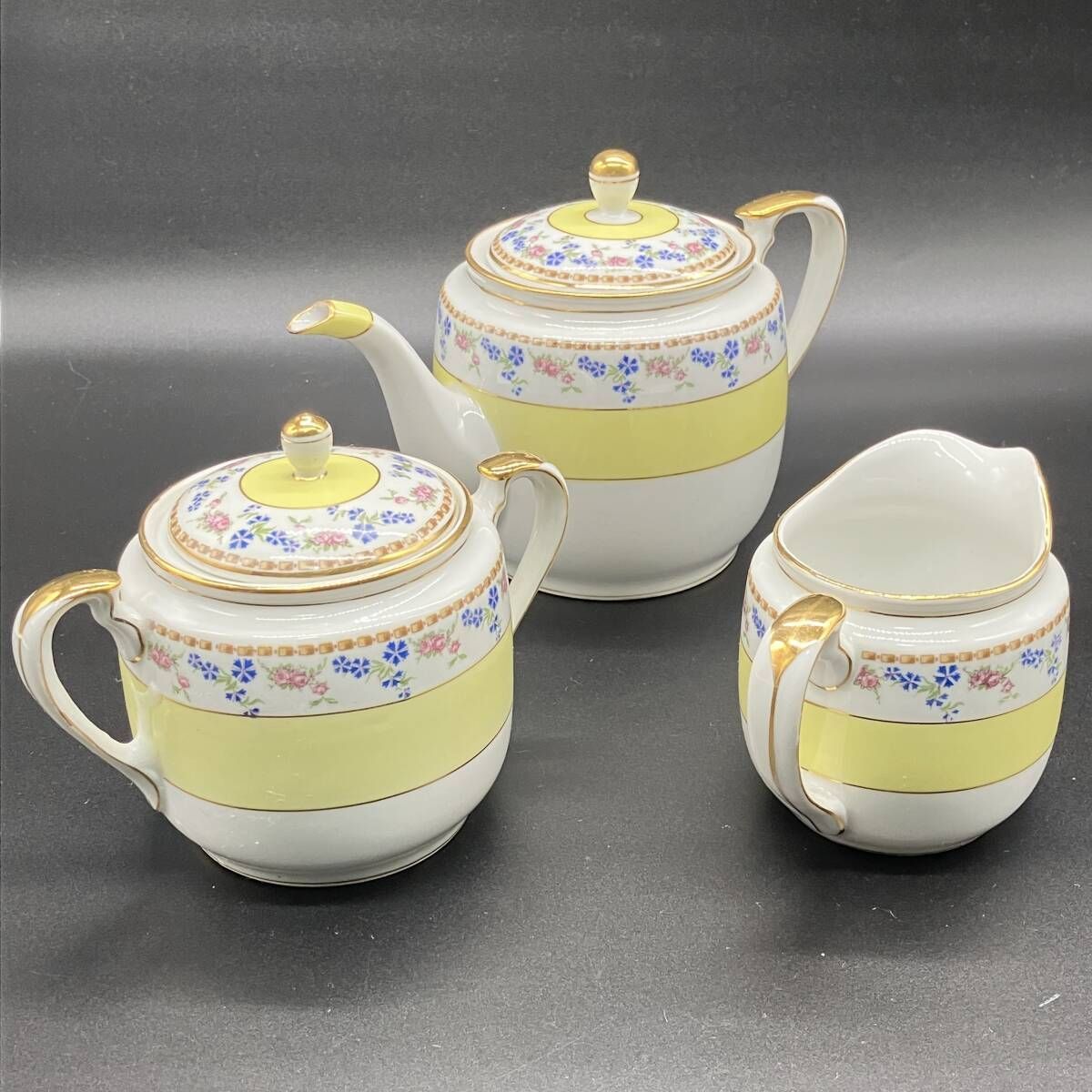 ノノリタケ ティーポット ミルクポット シュガーポット レモンイエロー 小花柄 金彩リム ビンテージ ティーセット POP_25D