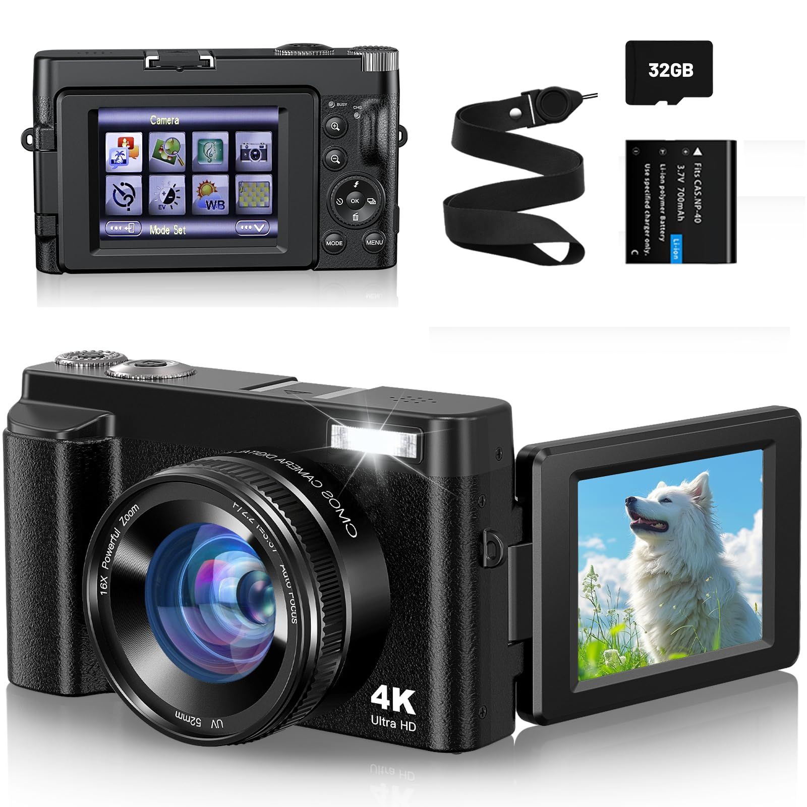 セール ユーチューバー vlog インスタグラム 自撮りカメラ 用 4800万画素 三脚対応 デジタルカメラ 手ブレ補正 デジカメ 256gメモリーカード対応 4K 黒