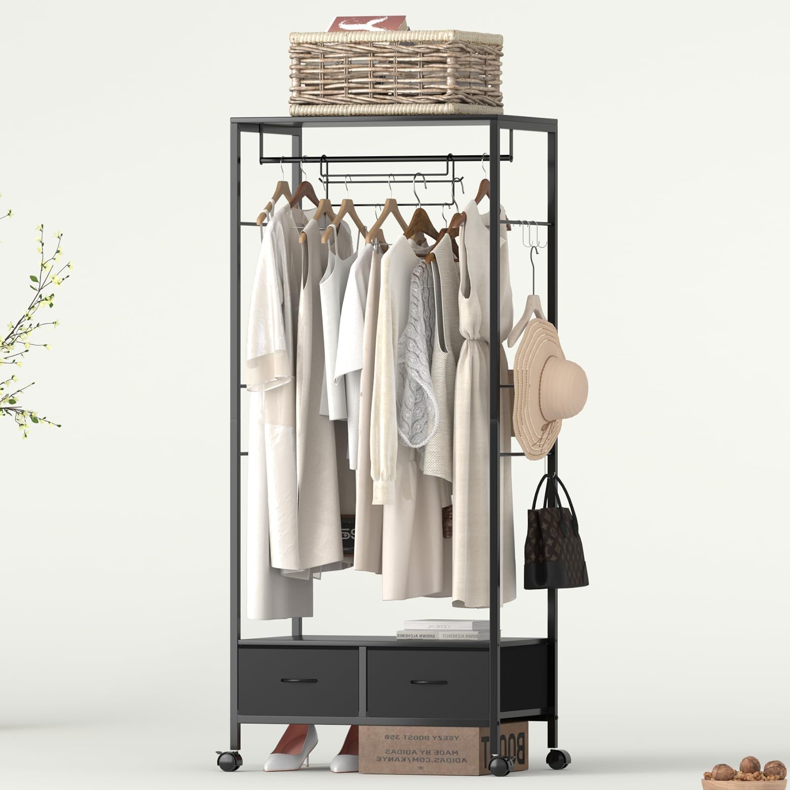 商品 ロング丈の服を収納 移動式|固定式2WAY 引き出し2個付き 耐荷重80kg 耐震転倒防止パーツ付き 組立簡単30分 幅70×奥行42×高さ160cm おしゃれ収納 クローゼット スリムハンガーラック ワードローブ ハンガー1本無料プレゼント Lu