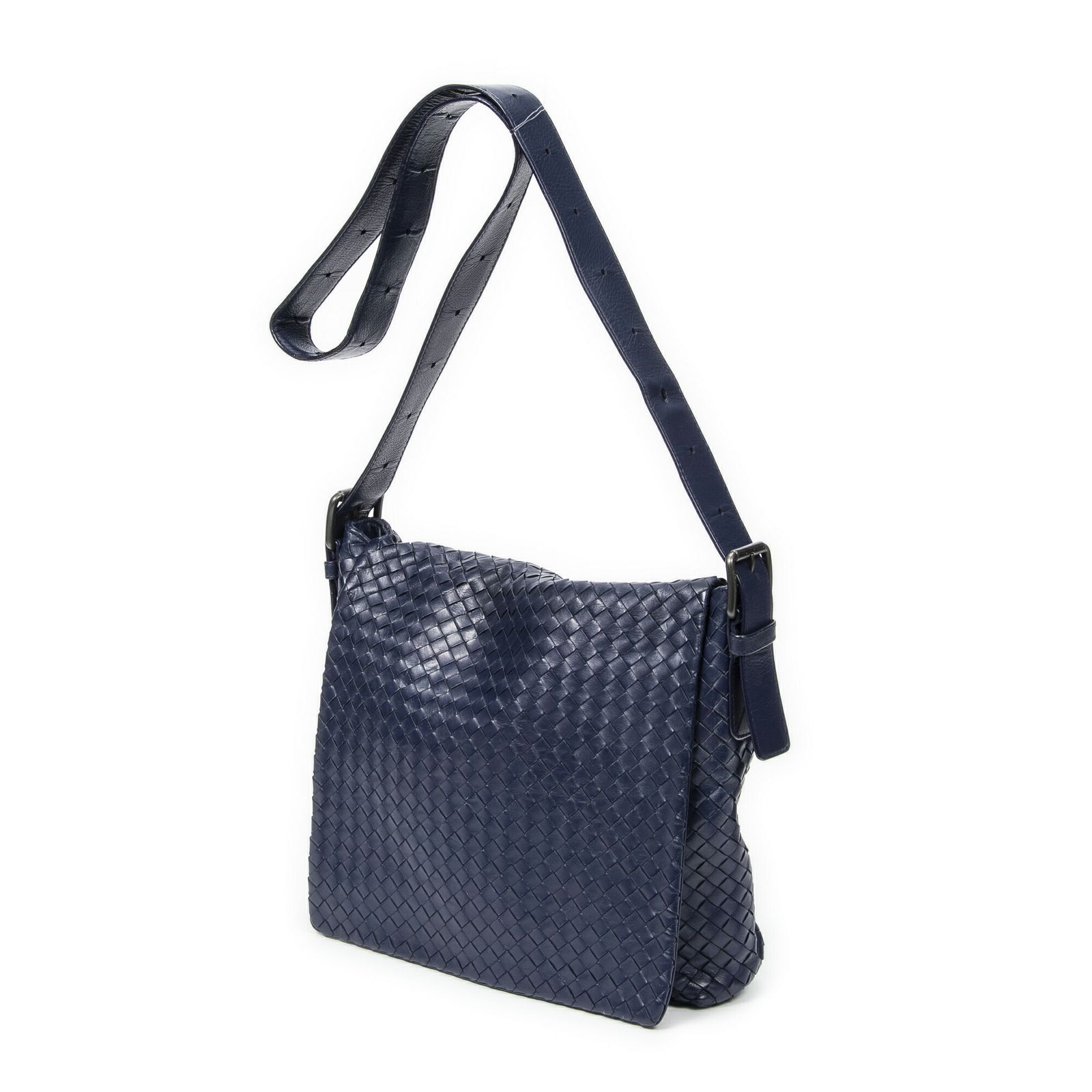BOTTEGA VENETA ボッテガヴェネタフラップメッセンジャーネイビーイントレチャートレザーAB
