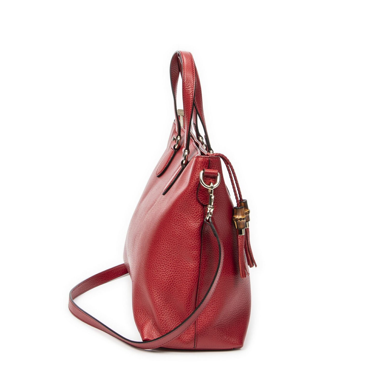 グッチバンブータッセルジップトート赤グレインカーフスキンレザーA