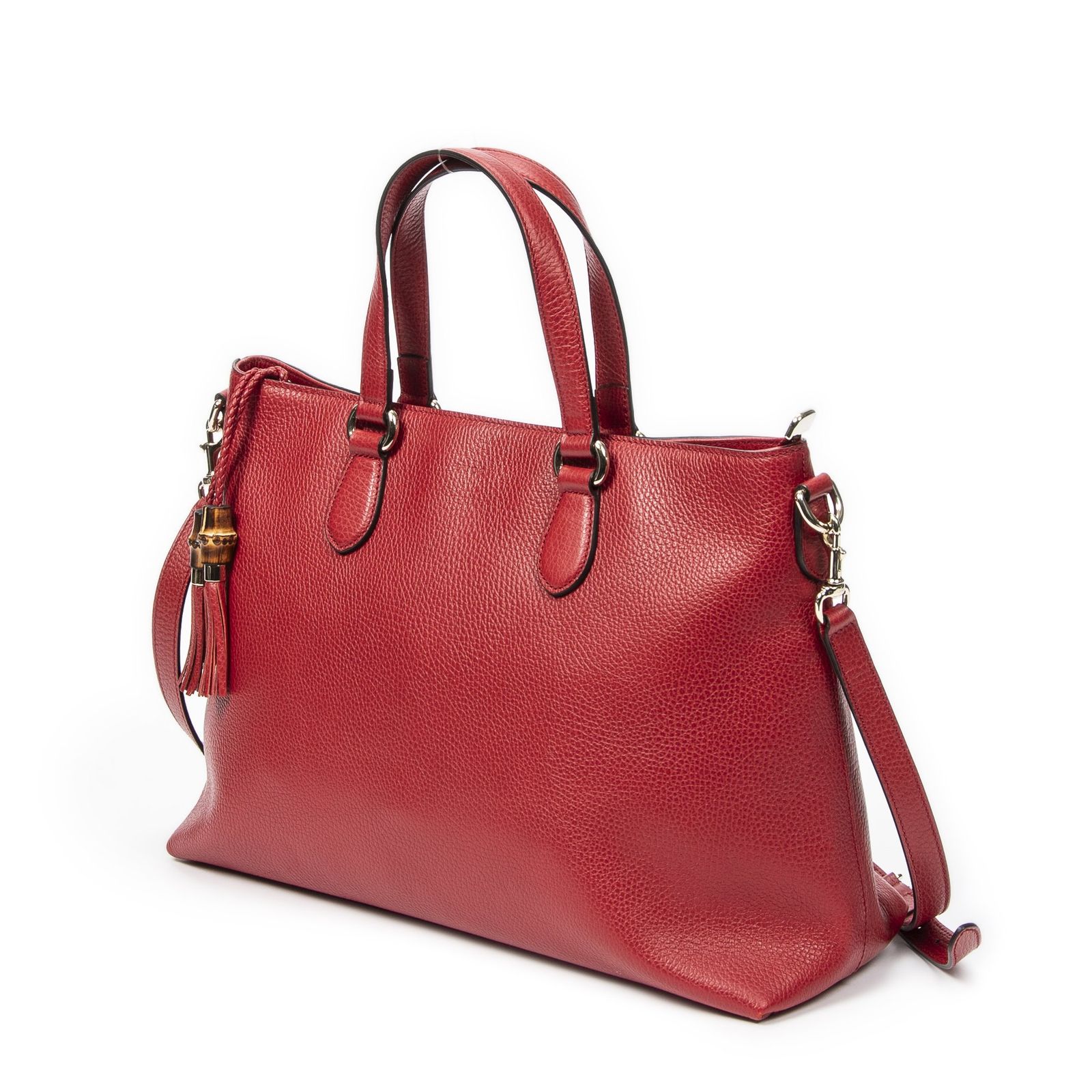 GUCCI グッチバンブータッセルジップトート赤グレインカーフスキンレザーA