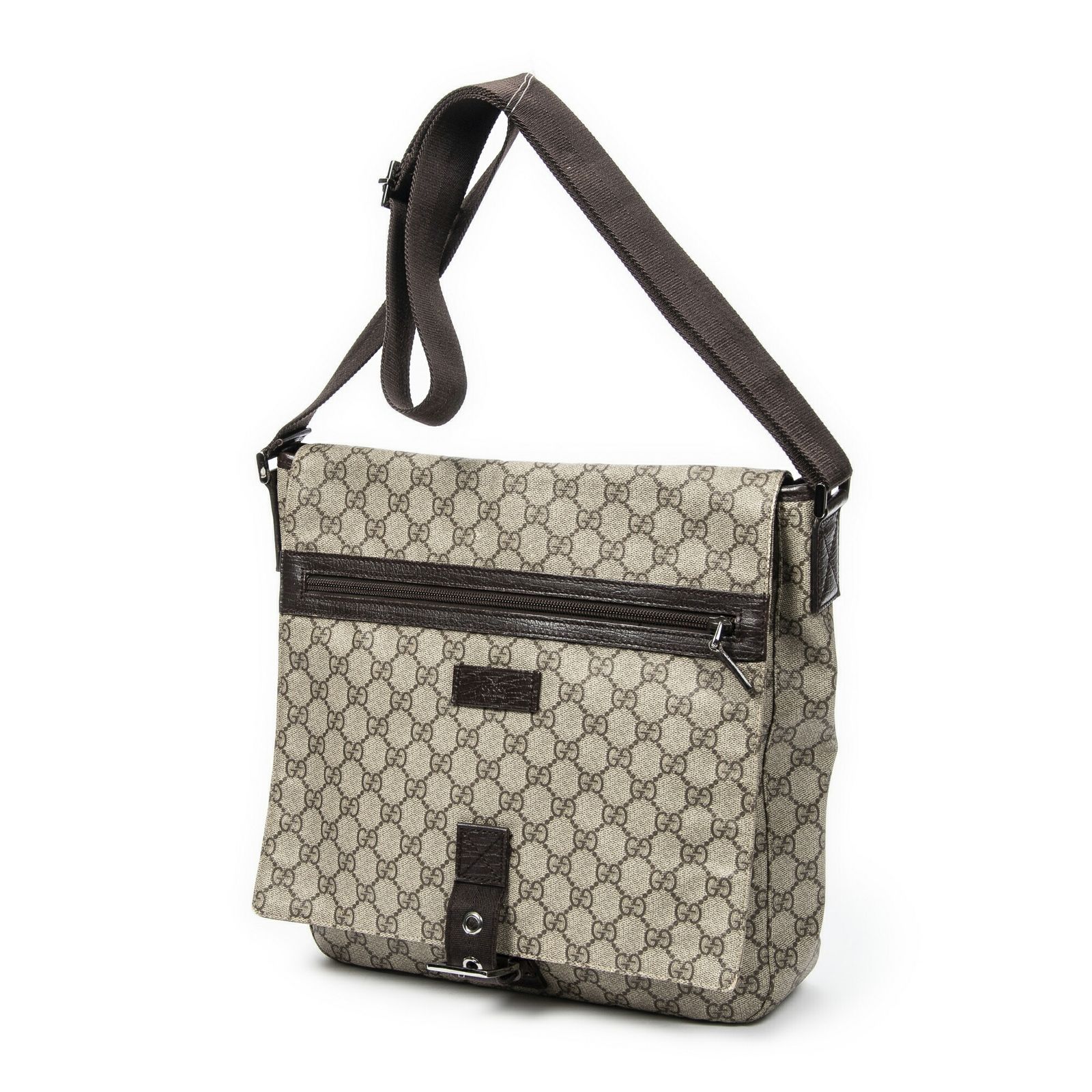 GUCCI グッチバックルフラップメッセンジャーブラウン|ベージュスプリームPVCキャンバスA