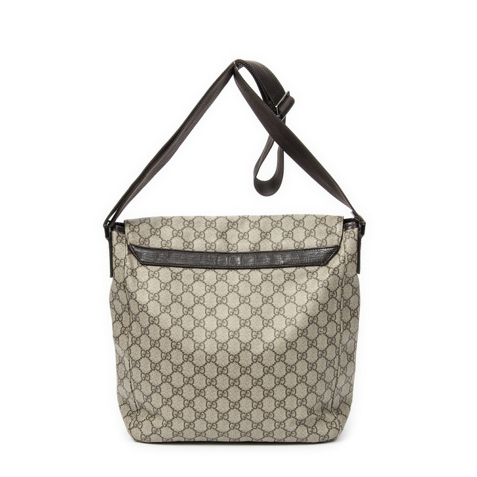 GUCCI グッチバックルフラップメッセンジャーブラウン|ベージュスプリームPVCキャンバスA