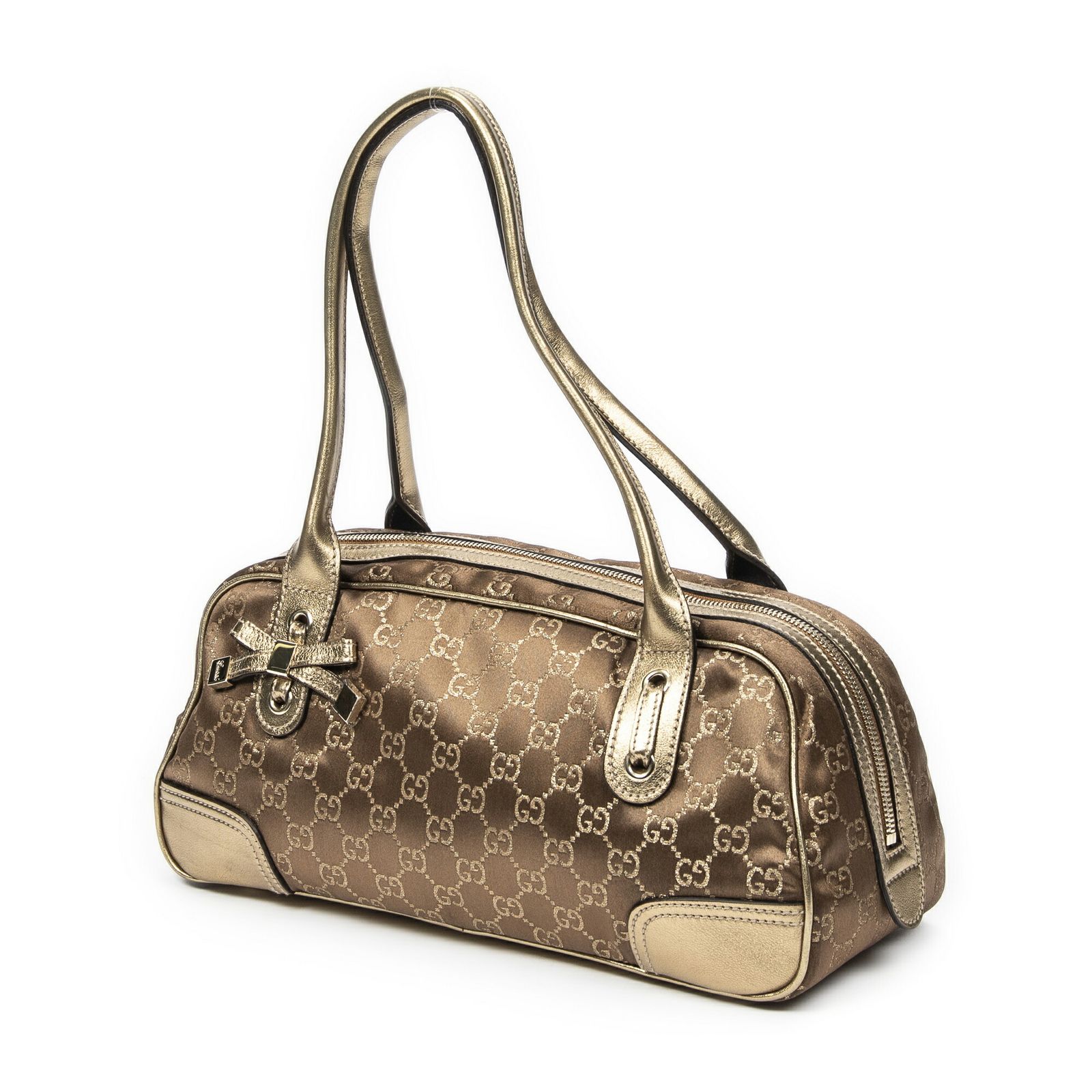 GUCCI グッチプリンシーボストン金 茶色GGサテンキャンバスA