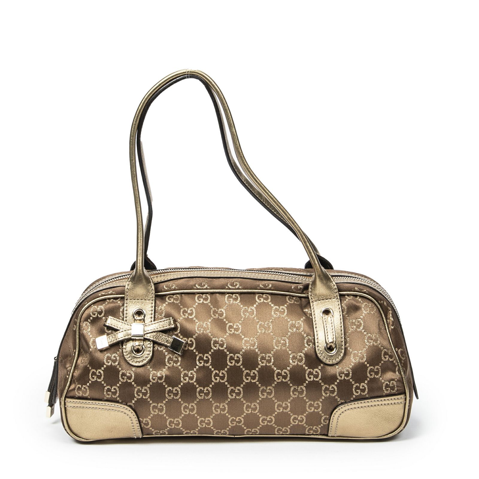 GUCCI グッチプリンシーボストン金 茶色GGサテンキャンバスA