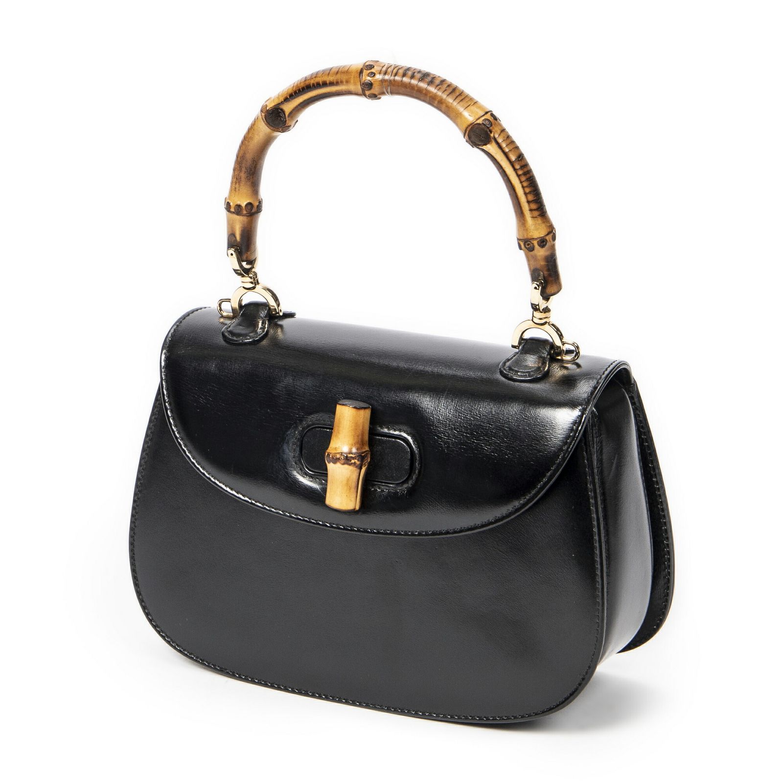 GUCCI グッチスモールバンブートップハンドルフラップ茶色スムースカーフスキンレザーA