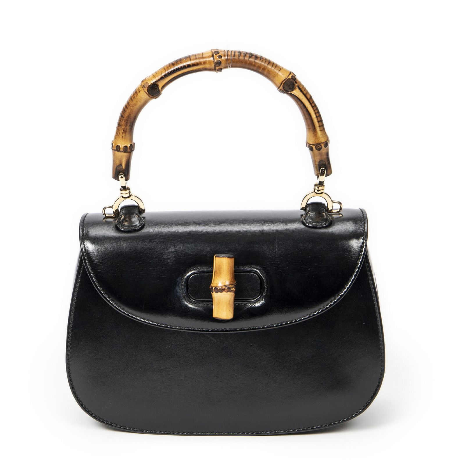 GUCCI グッチスモールバンブートップハンドルフラップ茶色スムースカーフスキンレザーA